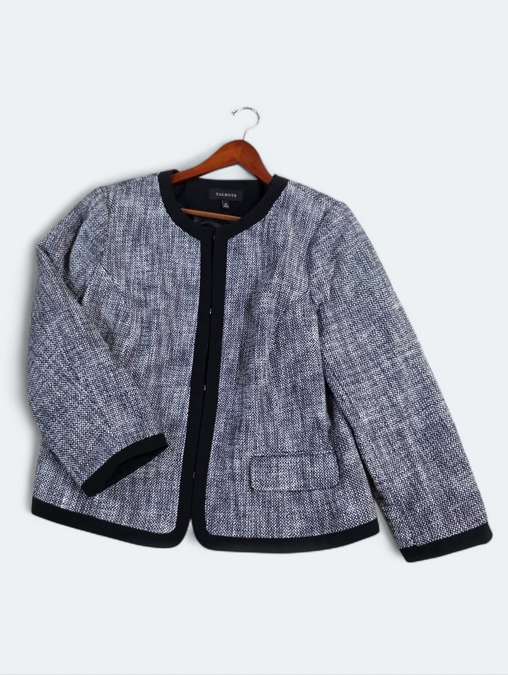 Talbots Tweed Jacket Blazer Black Contrast Trim Career Professional Size 14